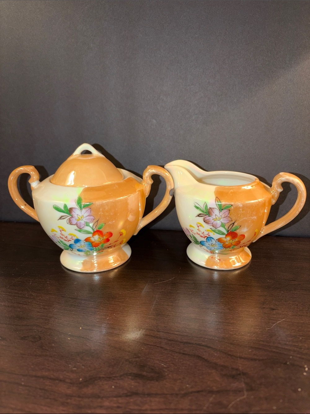 Hand-Painted Floral Creamer and Sugar Set - Orange & Cream